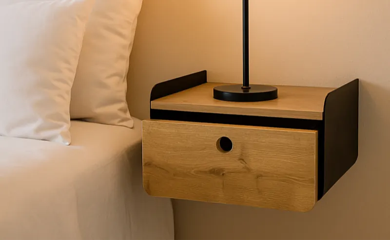 Étagère murale en bois avec tiroir, au-dessus d’un lit
