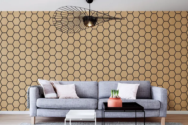 Mur de panneaux décoratifs à motif hexagonal derrière un canapé