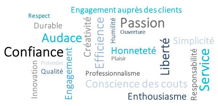 Nos valeurs : confiance, passion, audace, engagement auprès des clients, honnêteté, service, qualité, simplicité…